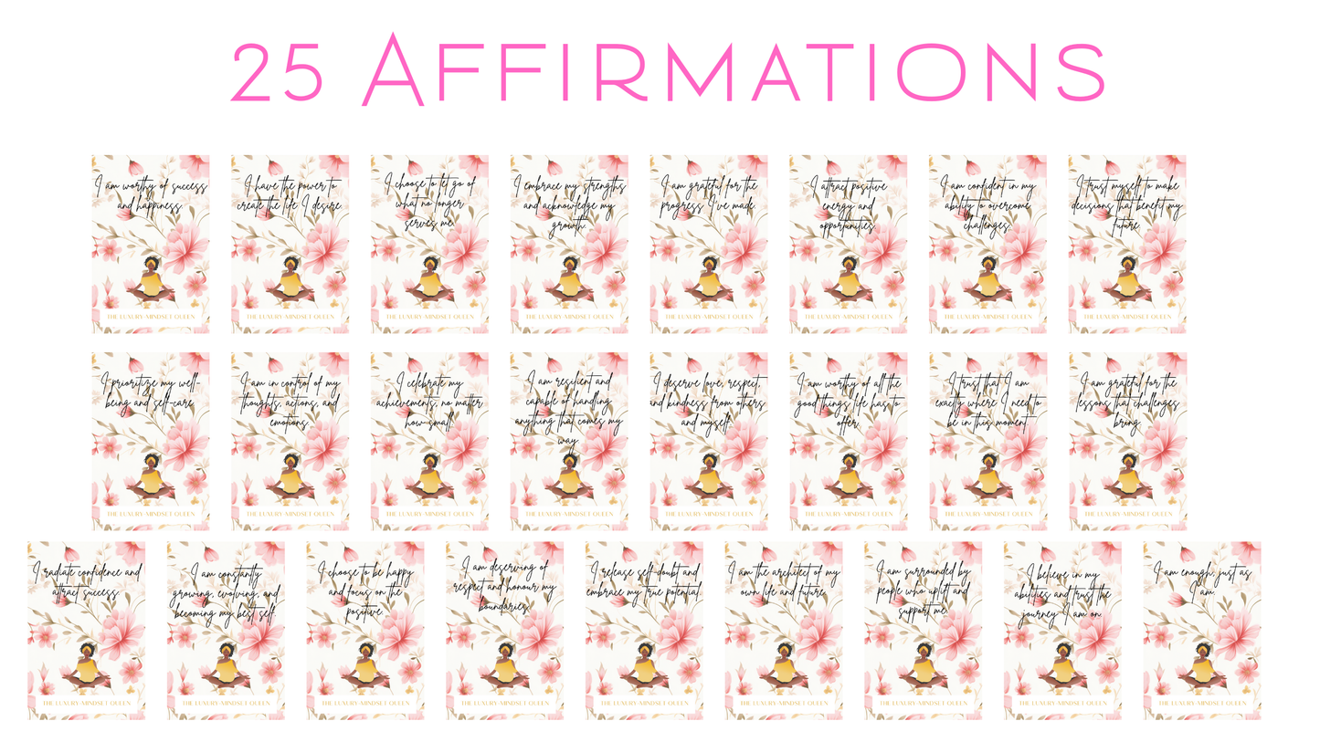 A collection of 25 printable self-love affirmations cards with a floral design and motivational messages, displayed in a grid layout.