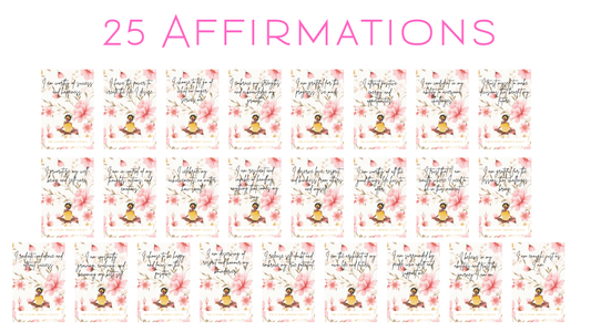 A collection of 25 printable self-love affirmations cards with a floral design and motivational messages, displayed in a grid layout.