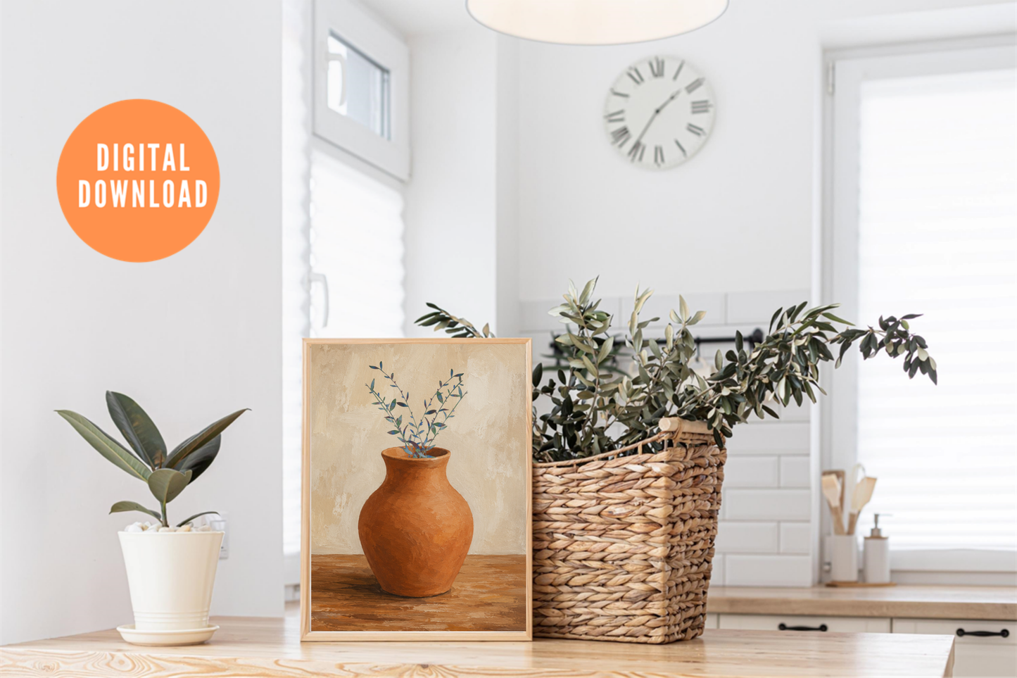 Terracotta vase botanical art print displayed in a warm neutral home décor setting