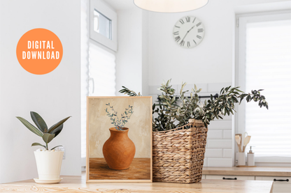 Terracotta vase botanical art print displayed in a warm neutral home décor setting