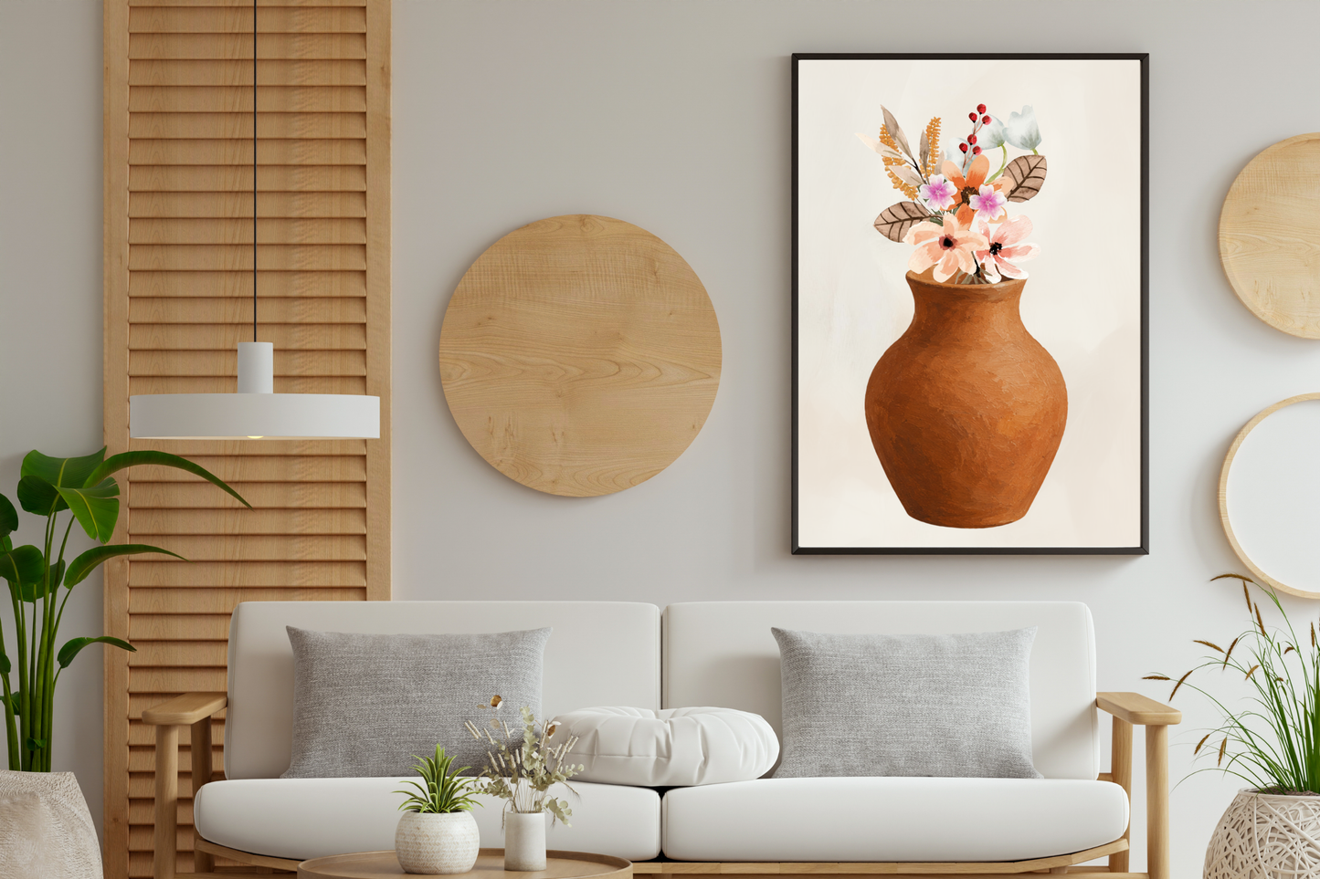 Floral printable wall art with terracotta vase displayed in a soft neutral living room