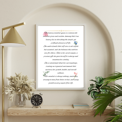 A digital poster with watercolour floral design and text, titled 'Luxury-Mindset Queen Definition', displayed on a wall above a shelf with a clock, plants, and a lamp.