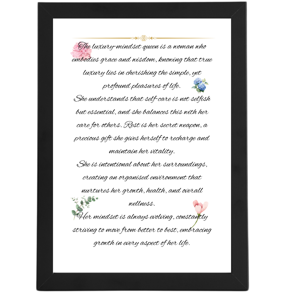 "Close‑up of floral‑accented digital download poster featuring a motivational definition of a luxury mindset woman in graceful cursive."