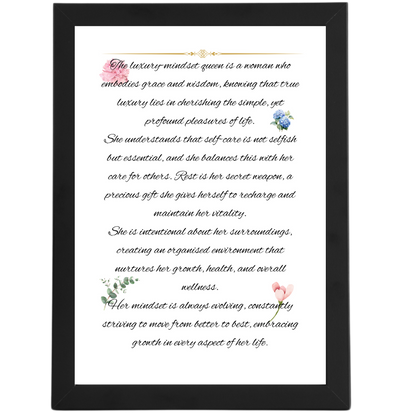 "Close‑up of floral‑accented digital download poster featuring a motivational definition of a luxury mindset woman in graceful cursive."