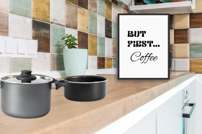 Soft life kitchen wall art featuring black and white coffee quote