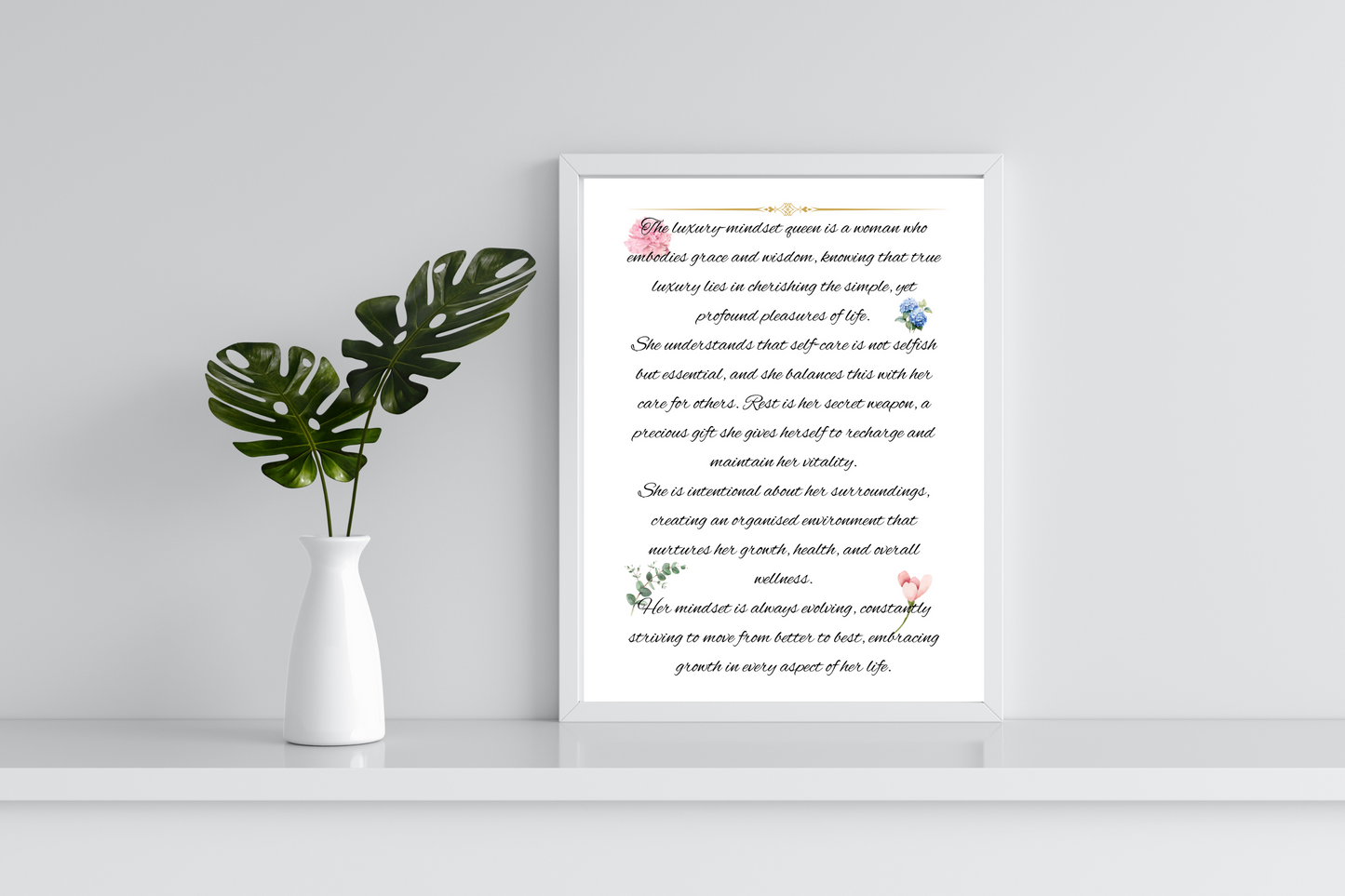 Minimalist mock‑up: definition wall art reading ‘Luxury Mindset Queen’ in black text, adorned with delicate watercolour greenery, set against a neutral decor background.