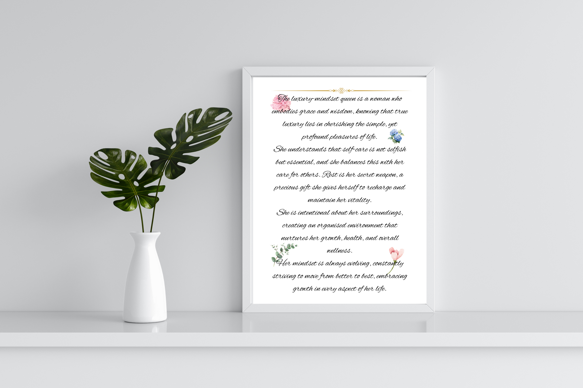 Minimalist mock‑up: definition wall art reading ‘Luxury Mindset Queen’ in black text, adorned with delicate watercolour greenery, set against a neutral decor background.