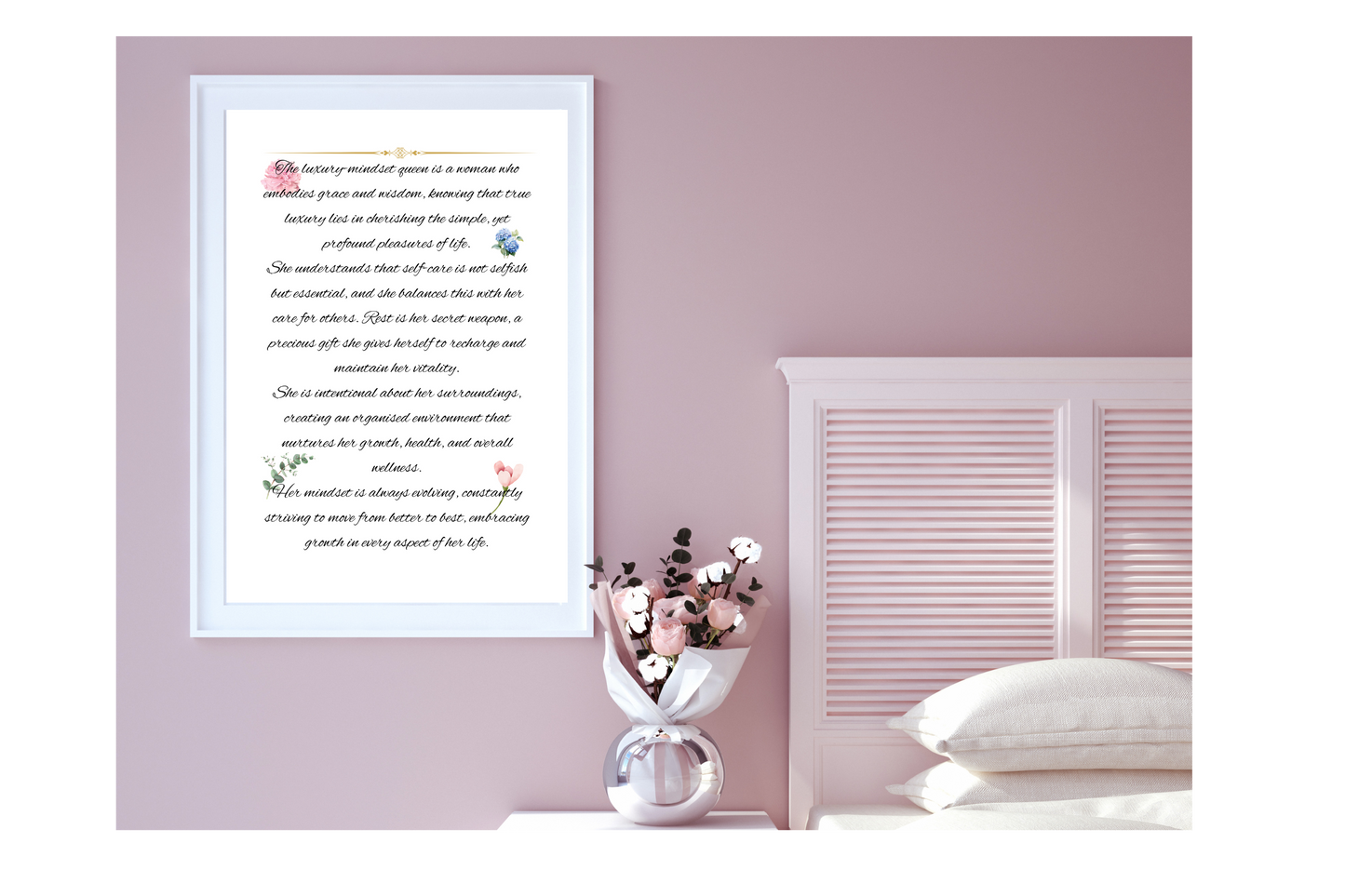 Styled print mock‑up of digital self‑care poster defining a confident, intentional woman—black script over soft green foliage, presented in a chic room vignette.