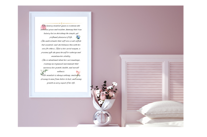 Styled print mock‑up of digital self‑care poster defining a confident, intentional woman—black script over soft green foliage, presented in a chic room vignette.