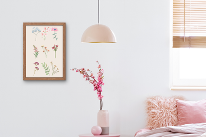Vintage-inspired watercolour botanical art print displayed in a soft feminine bedroom
