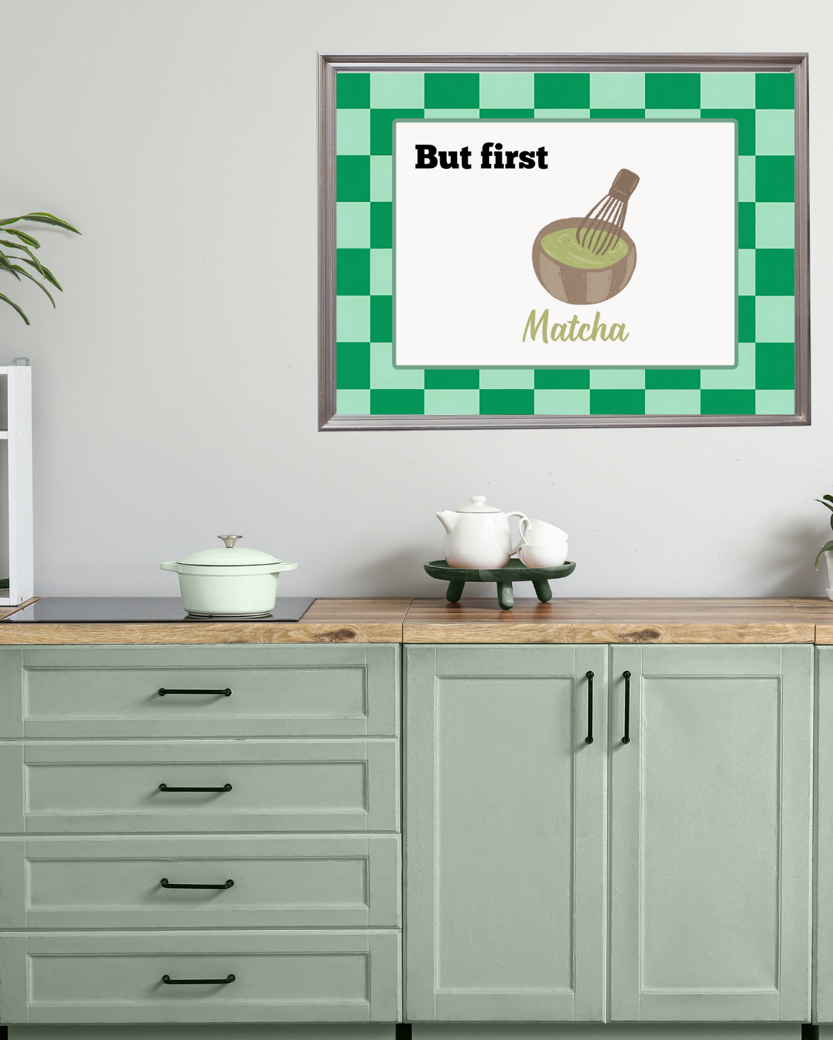 Feminine kitchen wall art featuring matcha illustration