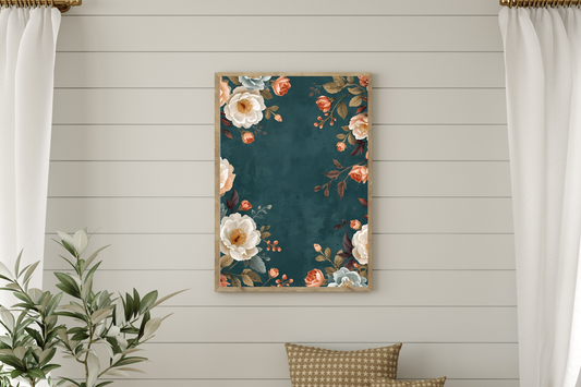 Vintage cottagecore dark moody floral print printable wall art with ivory roses and teal background