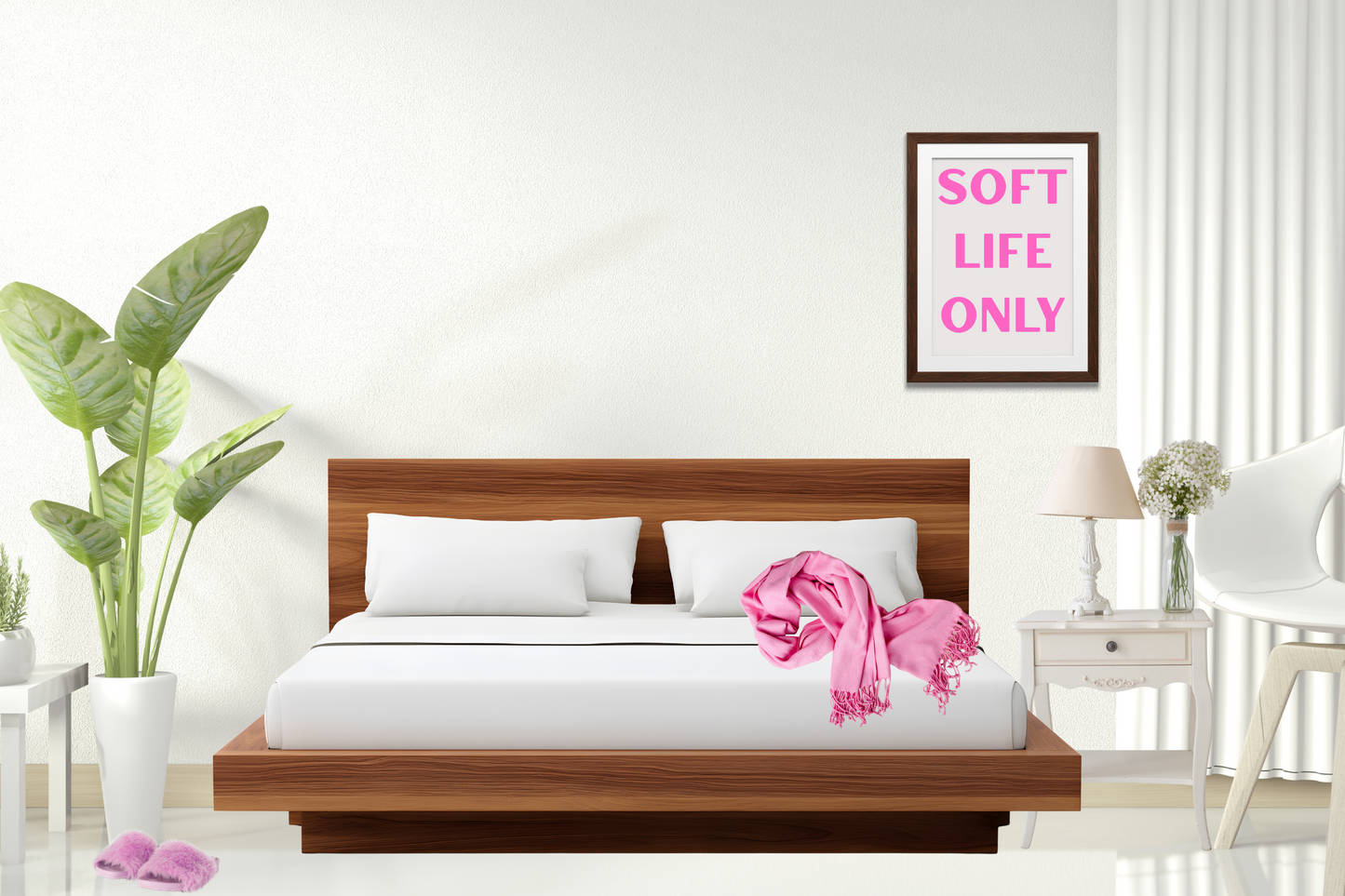 Soft life aesthetic printable poster with pink and grey typography displayed in luxury feminine bedroom decor.