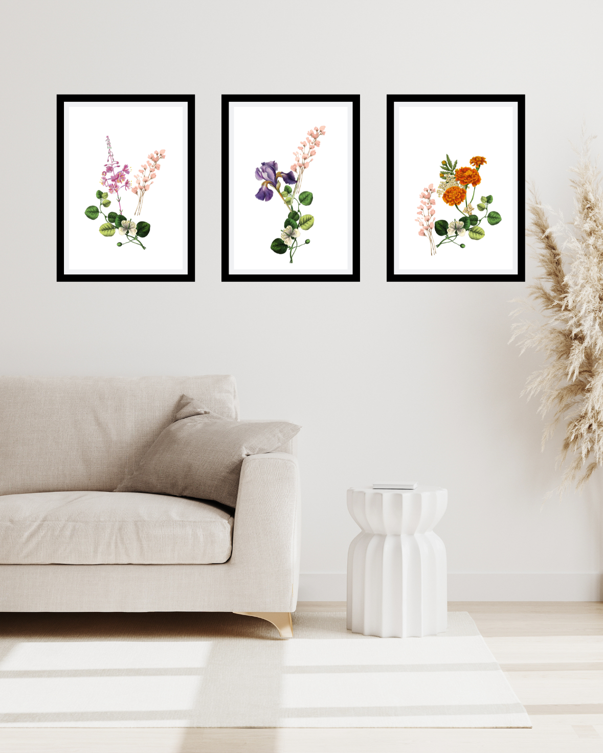 Set of 3 botanical watercolour flower printable wall art posters in soft life aesthetic style