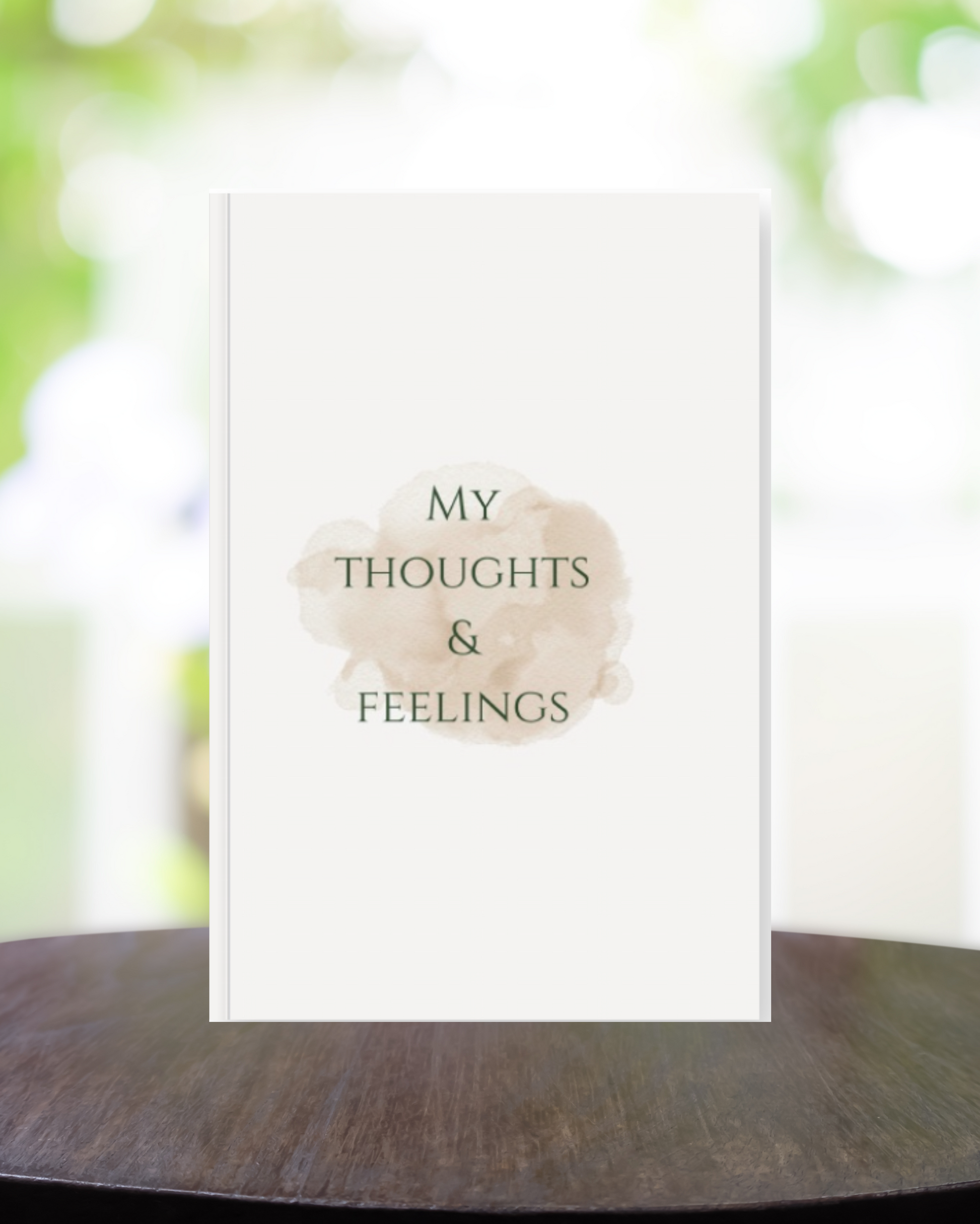 My Thoughts & Feelings personal growth journal resting on a kitchen counter — perfect for mindful morning routines, self-reflection, and soft life journaling.

