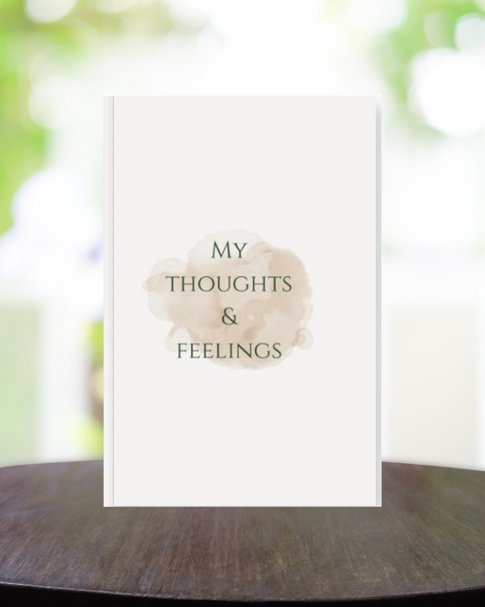 My Thoughts & Feelings personal growth journal resting on a kitchen counter — perfect for mindful morning routines, self-reflection, and soft life journaling.

