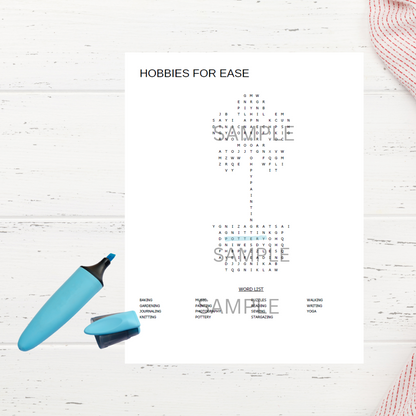 Printable activity displayed on a white cosy workspace table, trending self-care word game for soft life routines and women empowerment.