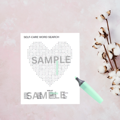 Self-care word search puzzle with a pen and cotton on a pink background