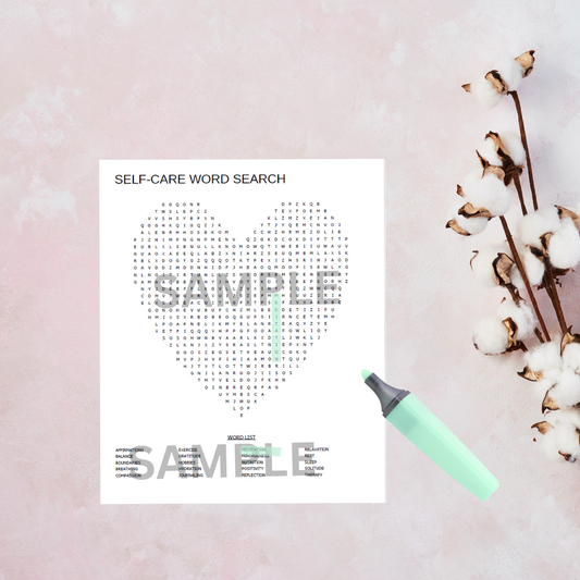 Self-care word search puzzle with a pen and cotton on a pink background