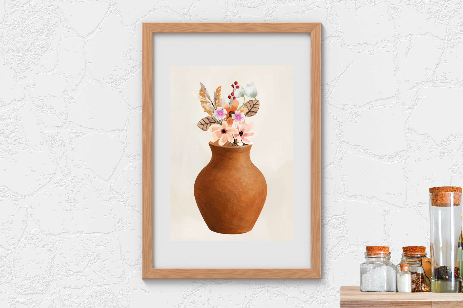 Earthy floral printable home décor with terracotta vase displayed on a neutral kitchen wall