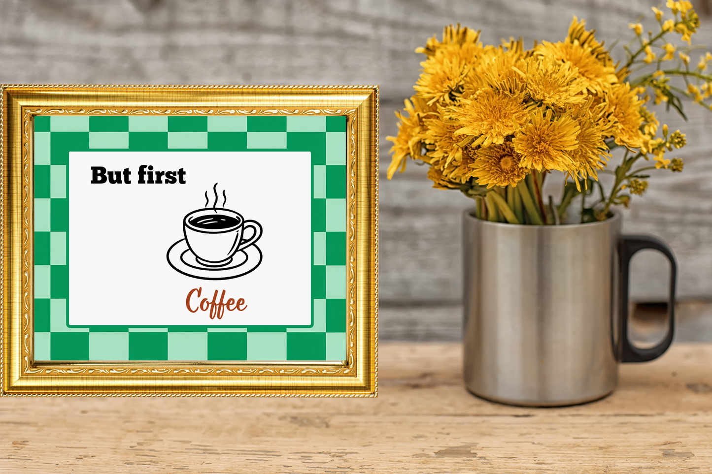 Cosy self-care relaxation space styled with “But First Coffee” printable framed wall art next to autumn flowers.