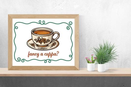 Printable tea and coffee wall art for kitchens, featuring a vintage floral teacup illustration with 'fancy a cuppa?' typography.