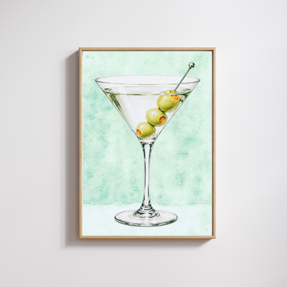 Luxury printable wall art featuring classic martini glass with olives