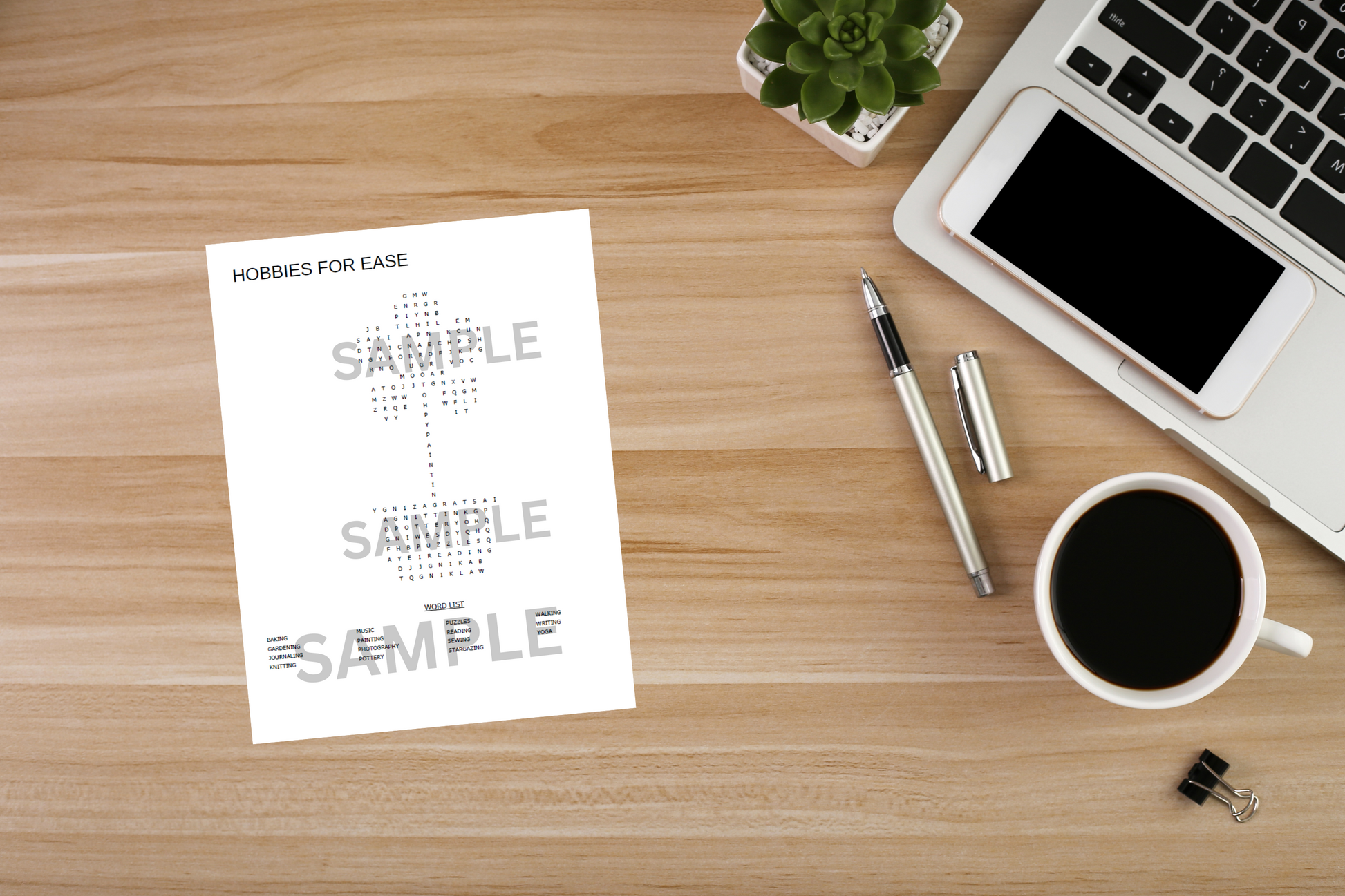 Self-care hobbies word search printable on an office table with a laptop, plant, and coffee cup – digital inspirational activity for women at work.