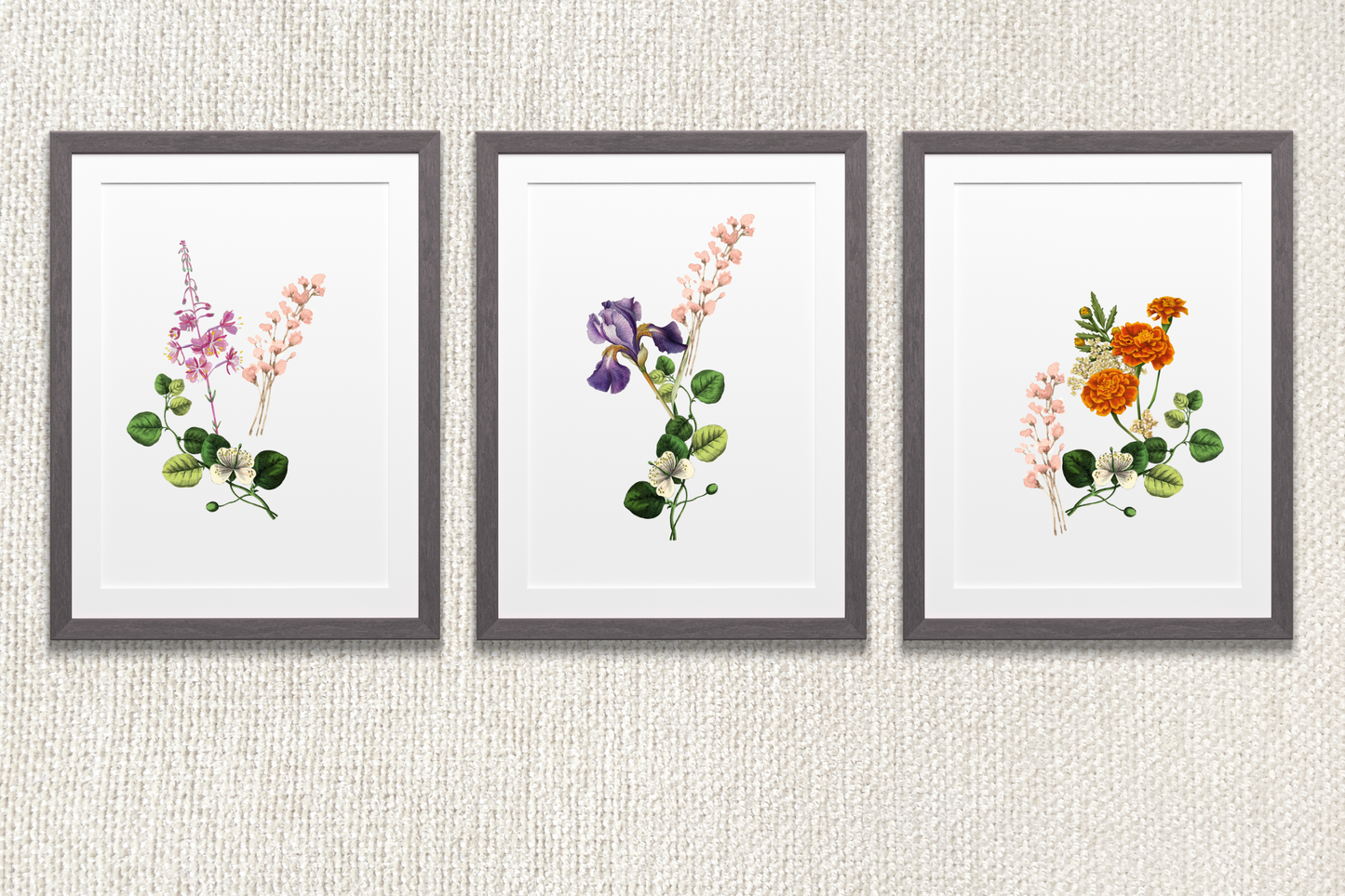 Home office digital wall art set of three watercolour botanical posters for empowerment and ease